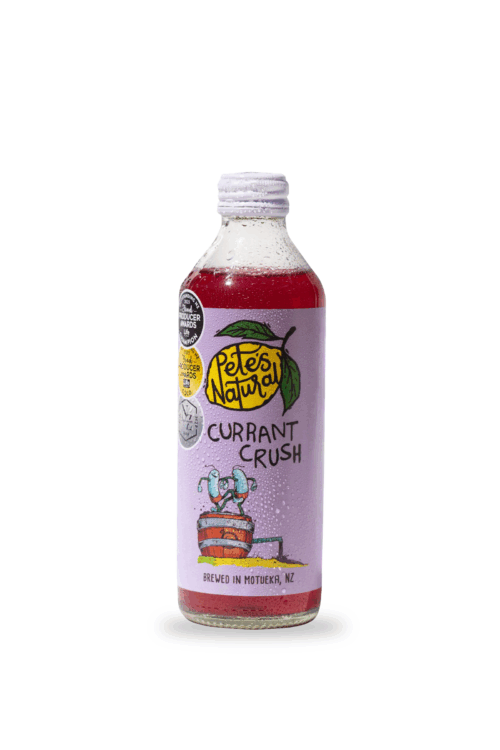 Pete’s Natural Currant Crush glass bottle made with New Zealand blackcurrants