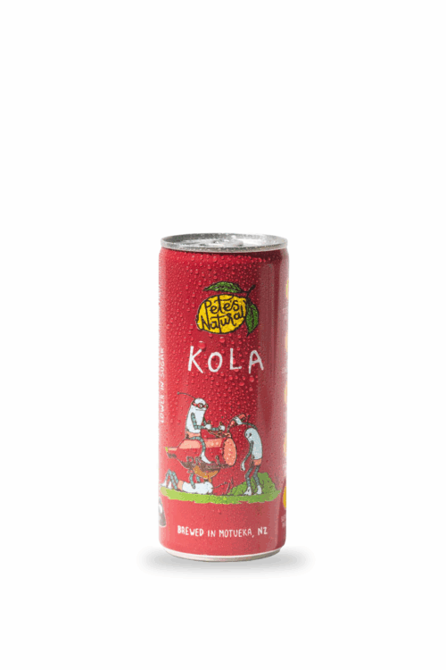 Pete’s Natural Kola soda can made with natural kola flavour Natural Kola soda in a slim can Pete’s Natural Kola can New Zealand Kola soda can on a light background