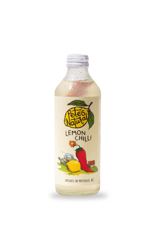 Pete’s Natural Lemon Chilli soda glass bottle made with real lemons and chilli