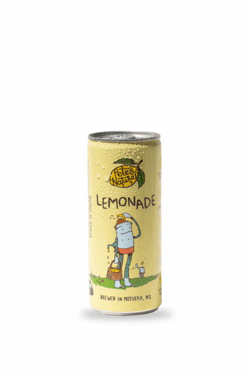 Pete’s Natural Lemonade soda can made with real New Zealand lemons Natural Lemonade soda in a slim can Pete’s Natural Lemonade can on a light background New Zealand Lemonade natural soda can