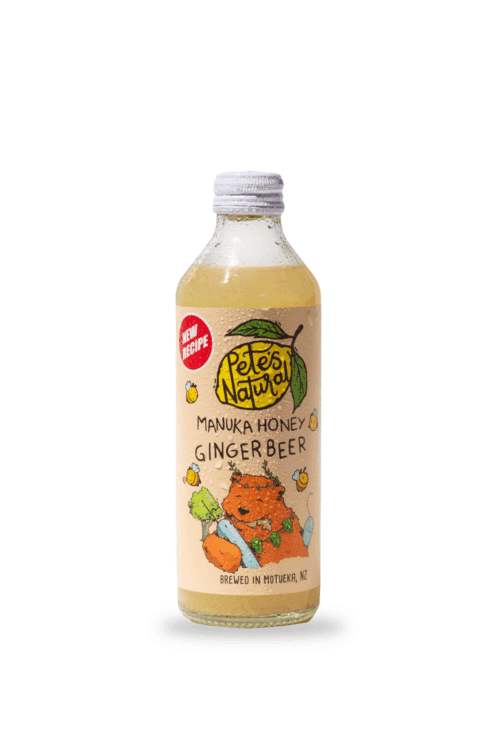 Pete’s Natural Ginger Beer glass bottle made with real ginger and manuka honey