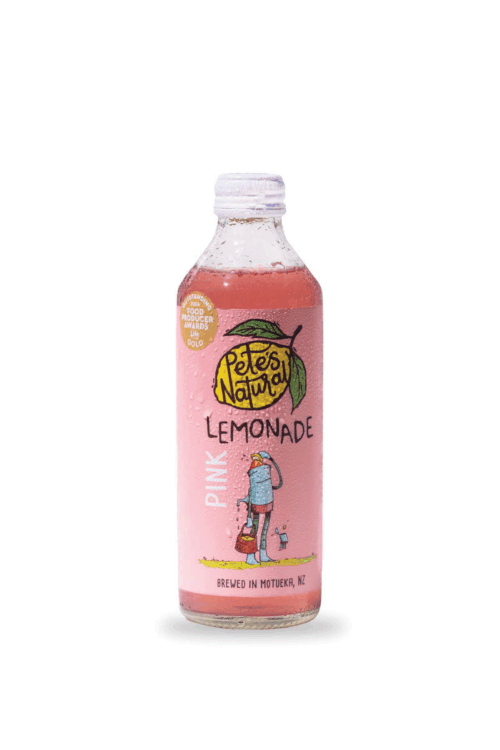 Pete’s Natural Pink Lemonade glass bottle made with lemons and boysenberries
