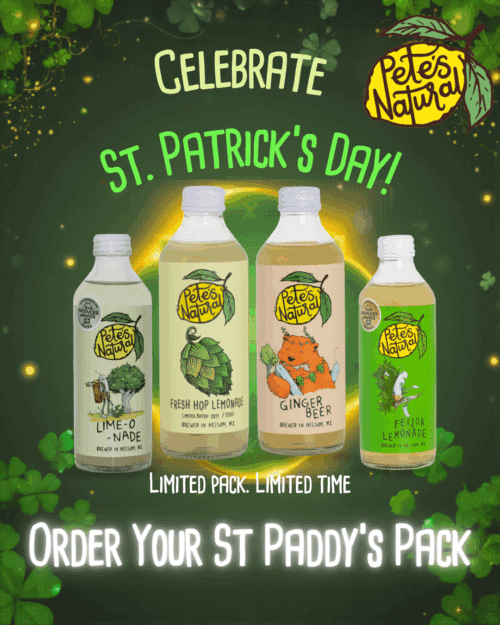 St Paddy’s Day soda pack with Lime, Feijoa, Hop Lemonade and Ginger Beer bottles.