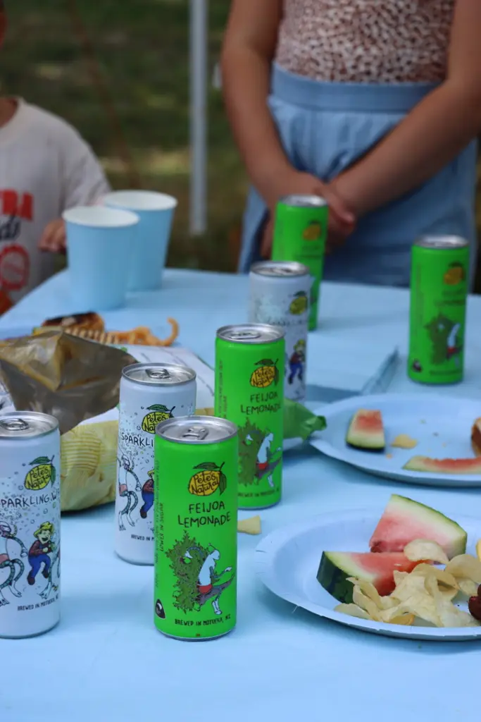 Kids party drinks setup with feijoa soda and sparkling water cans