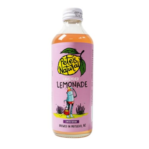 Pete's Natural Lavender Lemonade 300ml glass bottle, made with real NZ lemons and Wānaka lavender